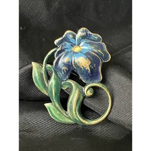 Antique Brass Blue Lily Flower Brooch Pin 1.64"x1.32 Lily Flower Jewelry Brooch